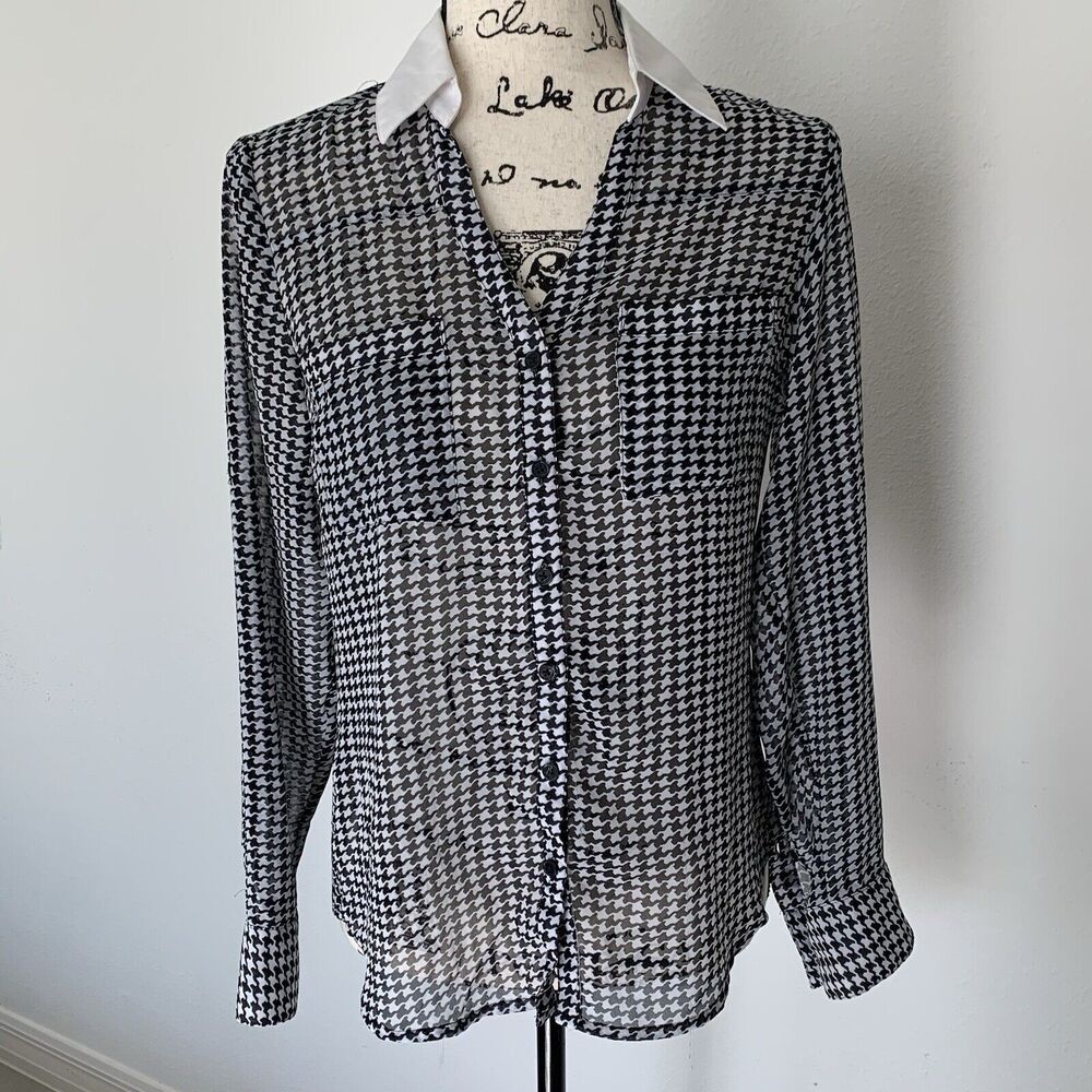 XS Express Black And White Houndstooth Portofino Dress Office Work Shirt